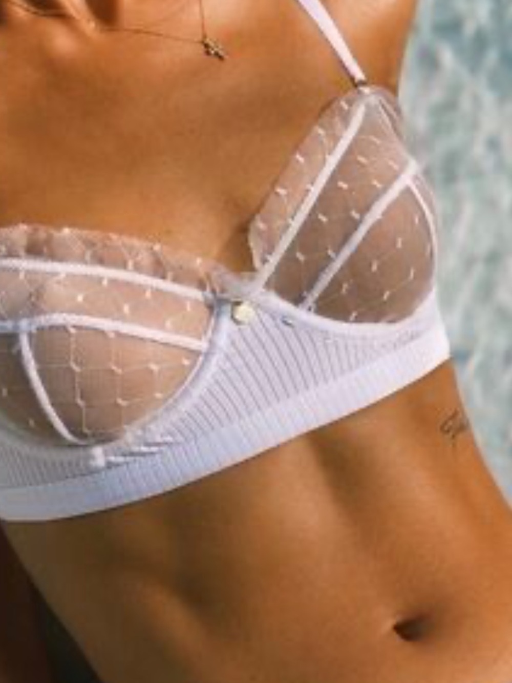 Sheer White Dot Mesh Underwire Bra with Ruffle Trim